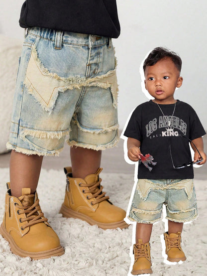 Baby Boy Y2k Distressed Retro Vintage Stonewashed Star Raw Edges Patchwork Blue Denim Loose Shorts, Spring/Summer Dailywear, Streetwear, Festival, Party, Beach, Birthday, Country, Boys Graduation, Vac