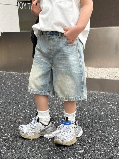 Baby Boy Y2k Distressed Retro Vintage Stonewashed Star Raw Edges Patchwork Blue Denim Loose Shorts, Spring/Summer Dailywear, Streetwear, Festival, Party, Beach, Birthday, Country, Boys Graduation, Vac