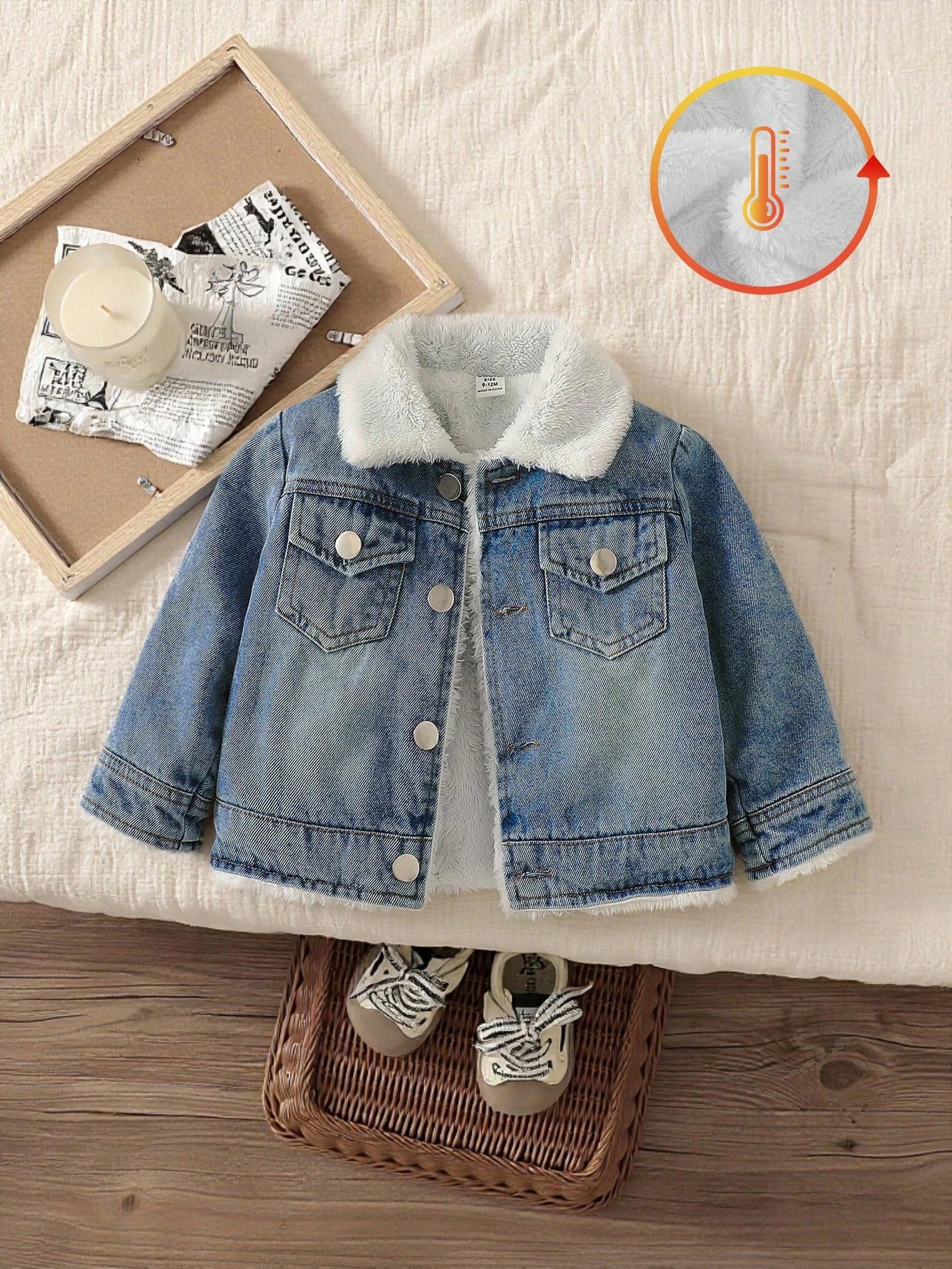 Baby Boys' Classic Blue Checkered Winter Denim Jacket Modest Thermal Lined Long Sleeve Cardigan For Date Infant Toddler Vintage Lapel Fleece Coat
