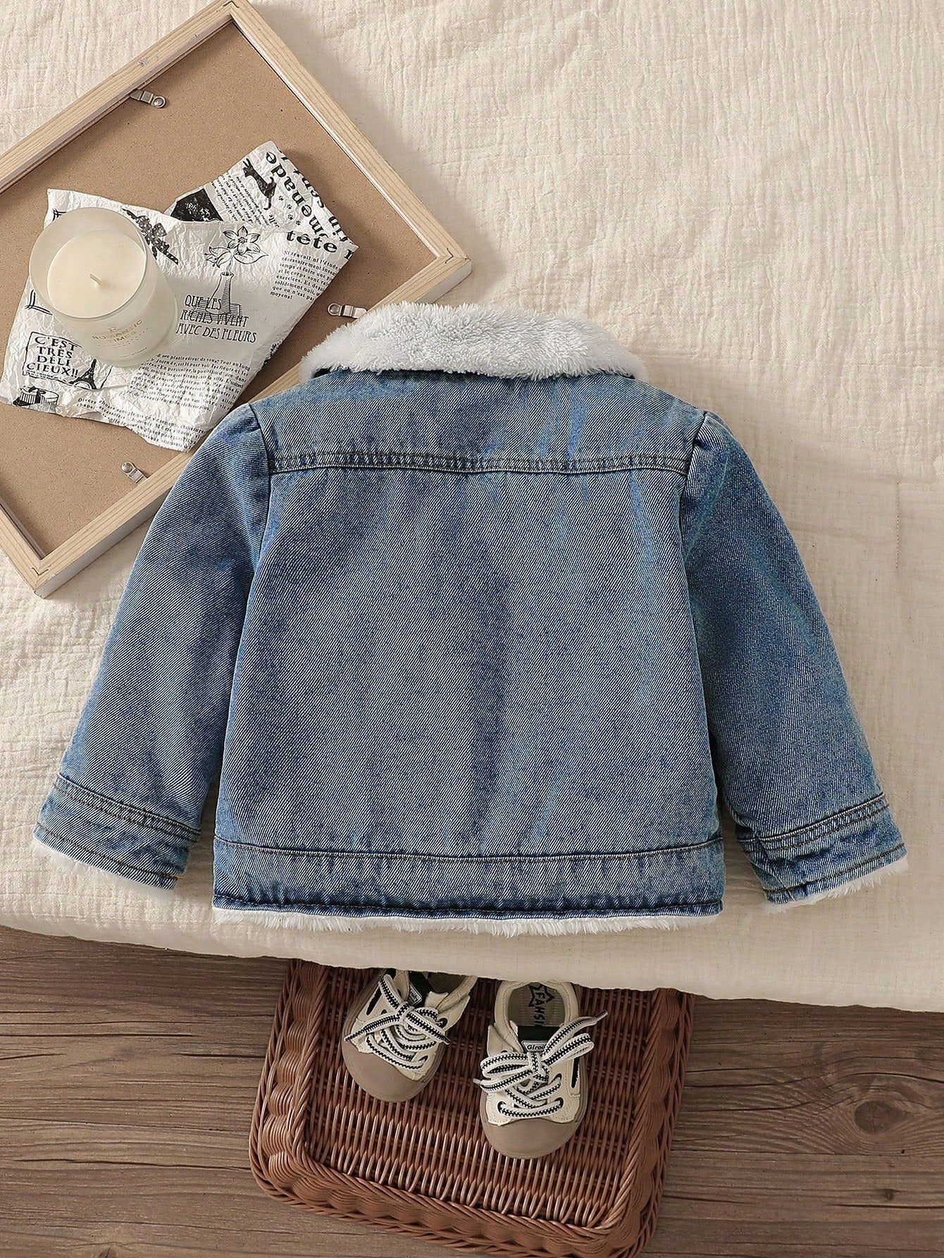 Baby Boys' Classic Blue Checkered Winter Denim Jacket Modest Thermal Lined Long Sleeve Cardigan For Date Infant Toddler Vintage Lapel Fleece Coat