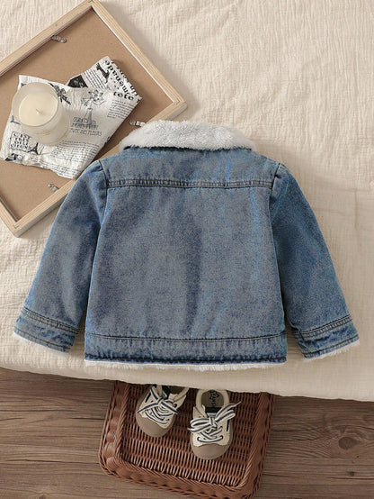 Baby Boys' Classic Blue Checkered Winter Denim Jacket Modest Thermal Lined Long Sleeve Cardigan For Date Infant Toddler Vintage Lapel Fleece Coat