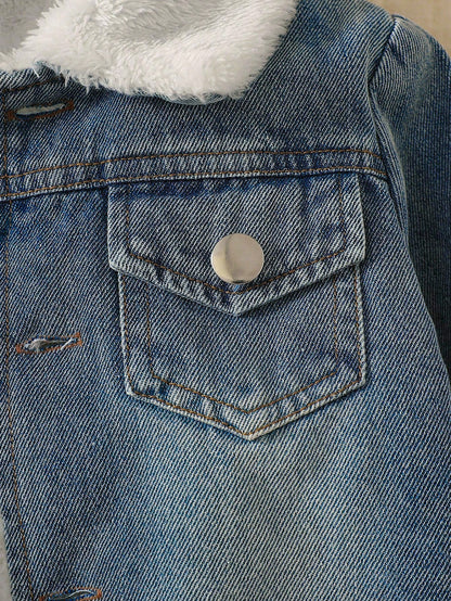 Baby Boys' Classic Blue Checkered Winter Denim Jacket Modest Thermal Lined Long Sleeve Cardigan For Date Infant Toddler Vintage Lapel Fleece Coat