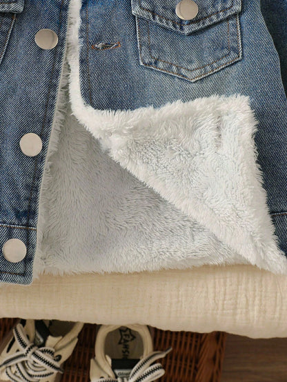 Baby Boys' Classic Blue Checkered Winter Denim Jacket Modest Thermal Lined Long Sleeve Cardigan For Date Infant Toddler Vintage Lapel Fleece Coat