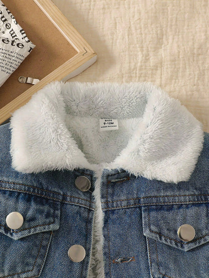 Baby Boys' Classic Blue Checkered Winter Denim Jacket Modest Thermal Lined Long Sleeve Cardigan For Date Infant Toddler Vintage Lapel Fleece Coat