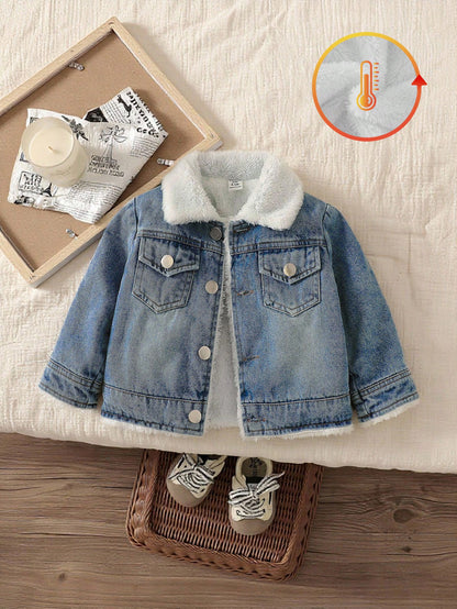 Baby Boys' Classic Blue Checkered Winter Denim Jacket Modest Thermal Lined Long Sleeve Cardigan For Date Infant Toddler Vintage Lapel Fleece Coat