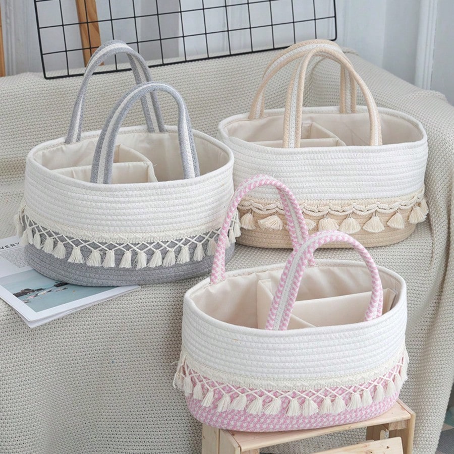 Baby Diaper Storage Basket, Milk Powder & Diaper Organizer, Woven Tassel Handheld Basket, Detachable Divided Compartments, Portable Mother & Baby Storage Basket