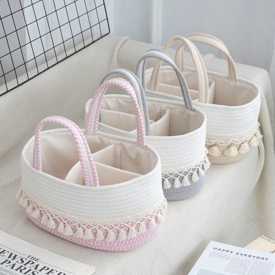 Baby Diaper Storage Basket, Milk Powder & Diaper Organizer, Woven Tassel Handheld Basket, Detachable Divided Compartments, Portable Mother & Baby Storage Basket