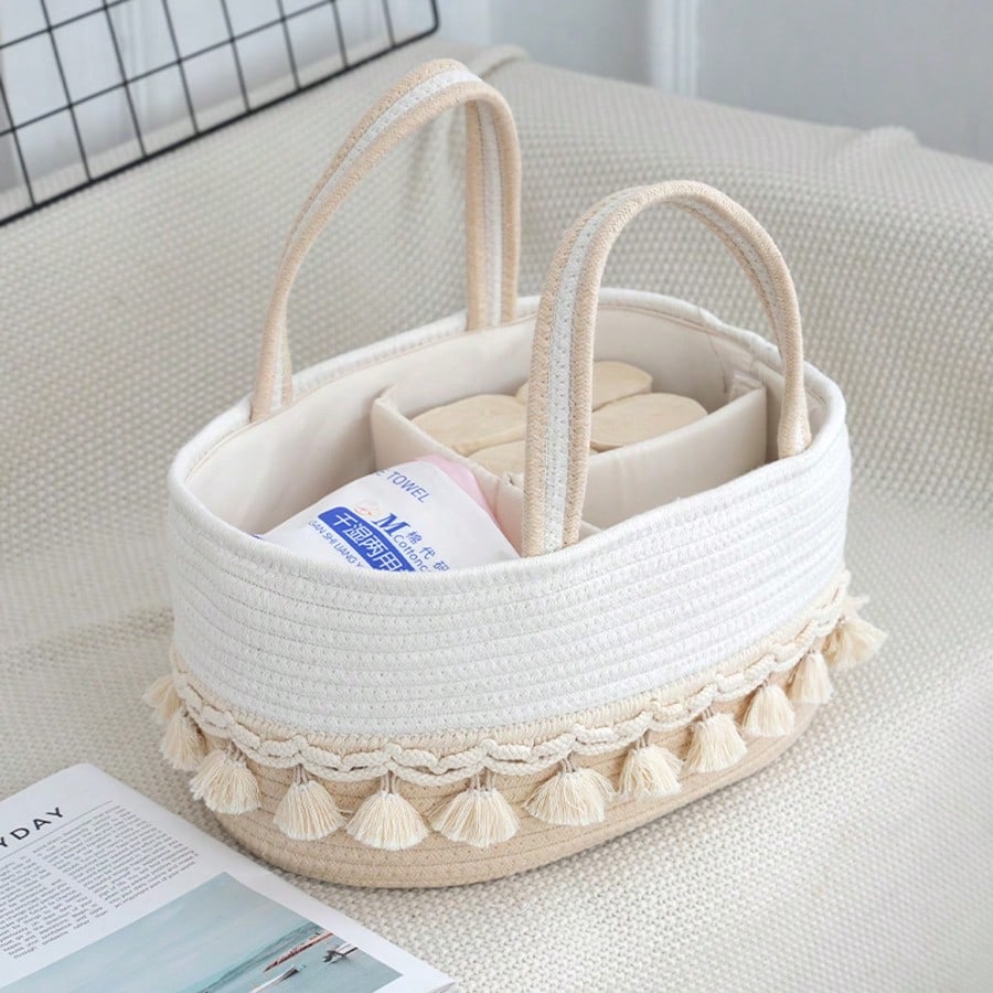 Baby Diaper Storage Basket, Milk Powder & Diaper Organizer, Woven Tassel Handheld Basket, Detachable Divided Compartments, Portable Mother & Baby Storage Basket