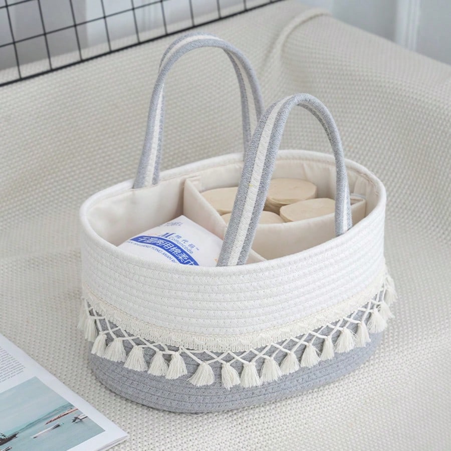 Baby Diaper Storage Basket, Milk Powder & Diaper Organizer, Woven Tassel Handheld Basket, Detachable Divided Compartments, Portable Mother & Baby Storage Basket