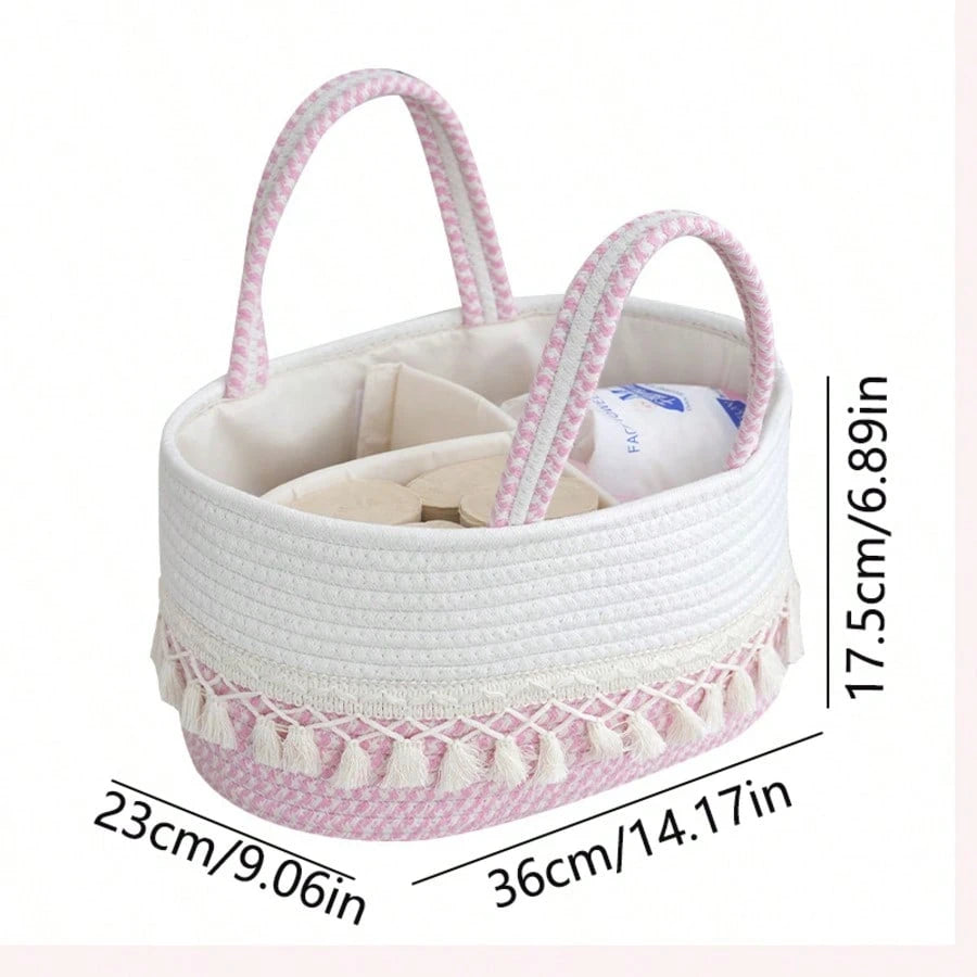 Baby Diaper Storage Basket, Milk Powder & Diaper Organizer, Woven Tassel Handheld Basket, Detachable Divided Compartments, Portable Mother & Baby Storage Basket