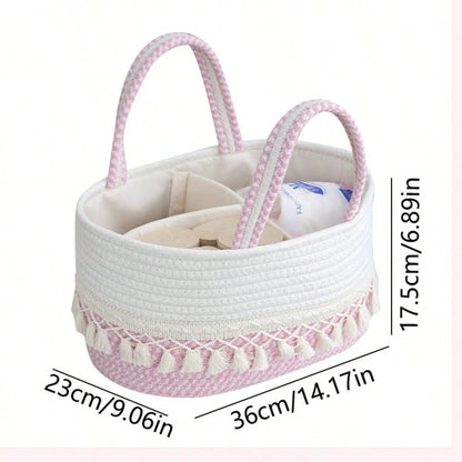 Baby Diaper Storage Basket, Milk Powder & Diaper Organizer, Woven Tassel Handheld Basket, Detachable Divided Compartments, Portable Mother & Baby Storage Basket