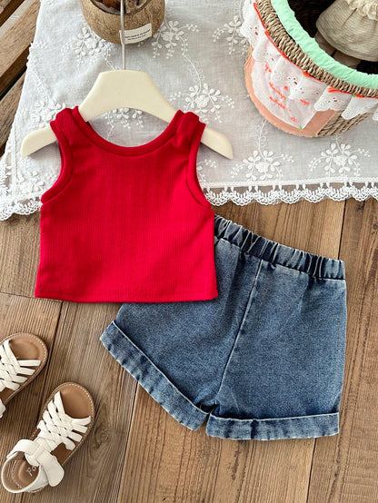 Baby Girl 0-3years 2pcs/Set Summer&Autumn Casual,Cute And Street Style Going Outifit, Sleeveless Strawberry Decoration Top&Short Jeans