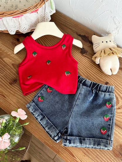 Baby Girl 0-3years 2pcs/Set Summer&Autumn Casual,Cute And Street Style Going Outifit, Sleeveless Strawberry Decoration Top&Short Jeans