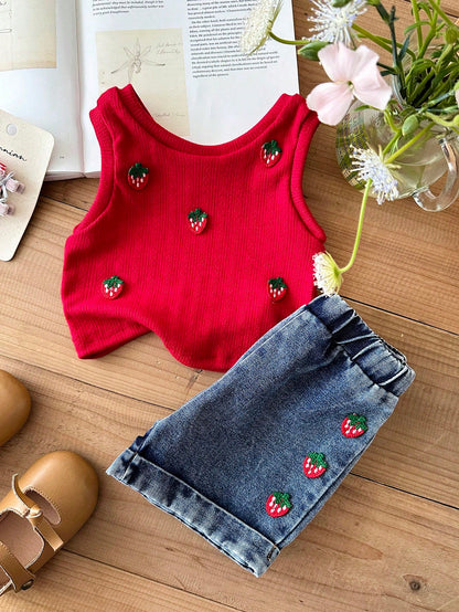 Baby Girl 0-3years 2pcs/Set Summer&Autumn Casual,Cute And Street Style Going Outifit, Sleeveless Strawberry Decoration Top&Short Jeans