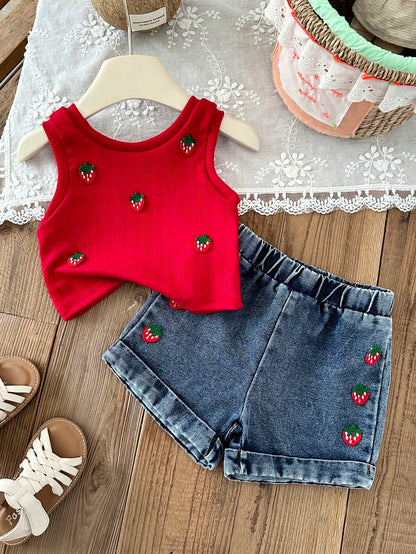Baby Girl 0-3years 2pcs/Set Summer&Autumn Casual,Cute And Street Style Going Outifit, Sleeveless Strawberry Decoration Top&Short Jeans