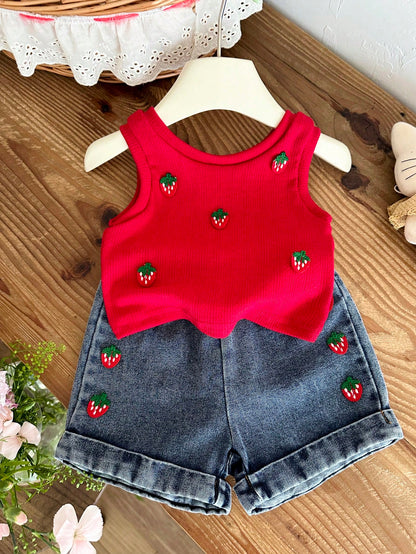 Baby Girl 0-3years 2pcs/Set Summer&Autumn Casual,Cute And Street Style Going Outifit, Sleeveless Strawberry Decoration Top&Short Jeans