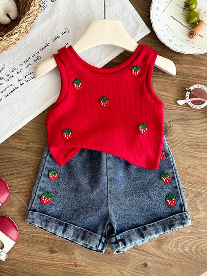 Baby Girl 0-3years 2pcs/Set Summer&Autumn Casual,Cute And Street Style Going Outifit, Sleeveless Strawberry Decoration Top&Short Jeans