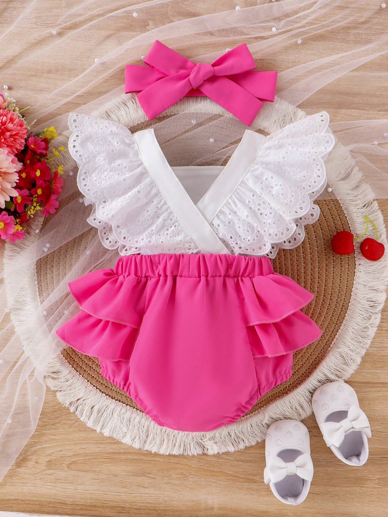 Baby Girl Cherry Embroidery Ruffle Contrast Color Patchwork Bodysuit With Headband, Summer