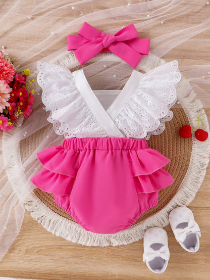 Baby Girl Cherry Embroidery Ruffle Contrast Color Patchwork Bodysuit With Headband, Summer