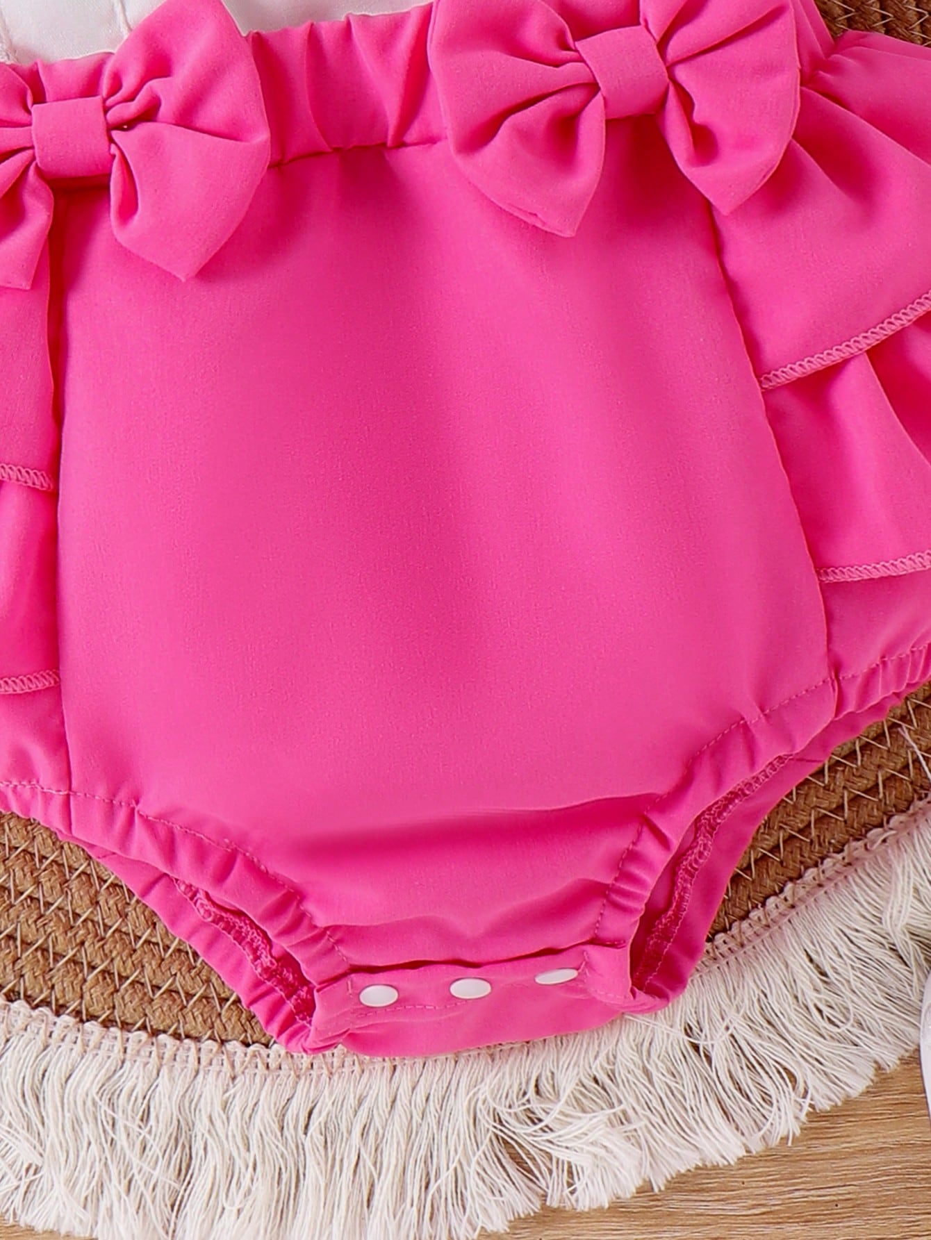 Baby Girl Cherry Embroidery Ruffle Contrast Color Patchwork Bodysuit With Headband, Summer