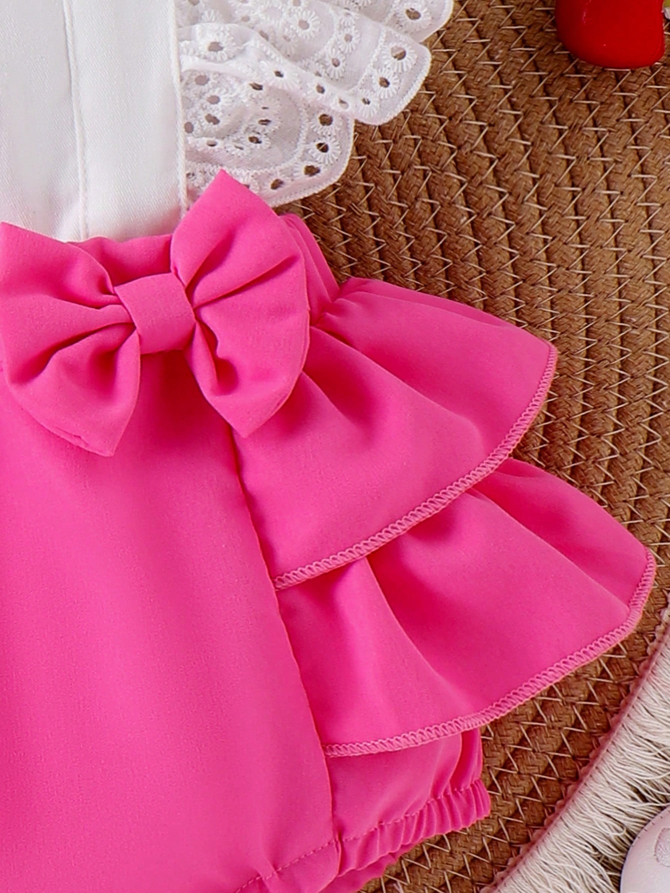 Baby Girl Cherry Embroidery Ruffle Contrast Color Patchwork Bodysuit With Headband, Summer