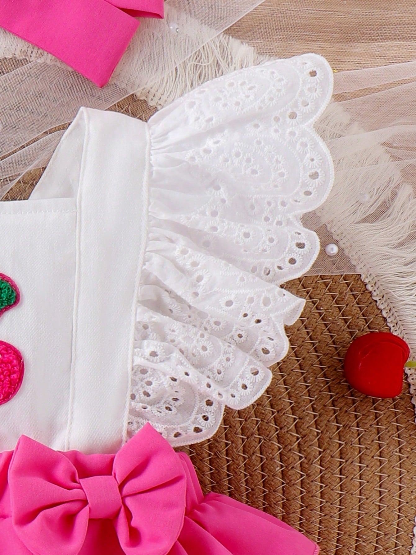 Baby Girl Cherry Embroidery Ruffle Contrast Color Patchwork Bodysuit With Headband, Summer