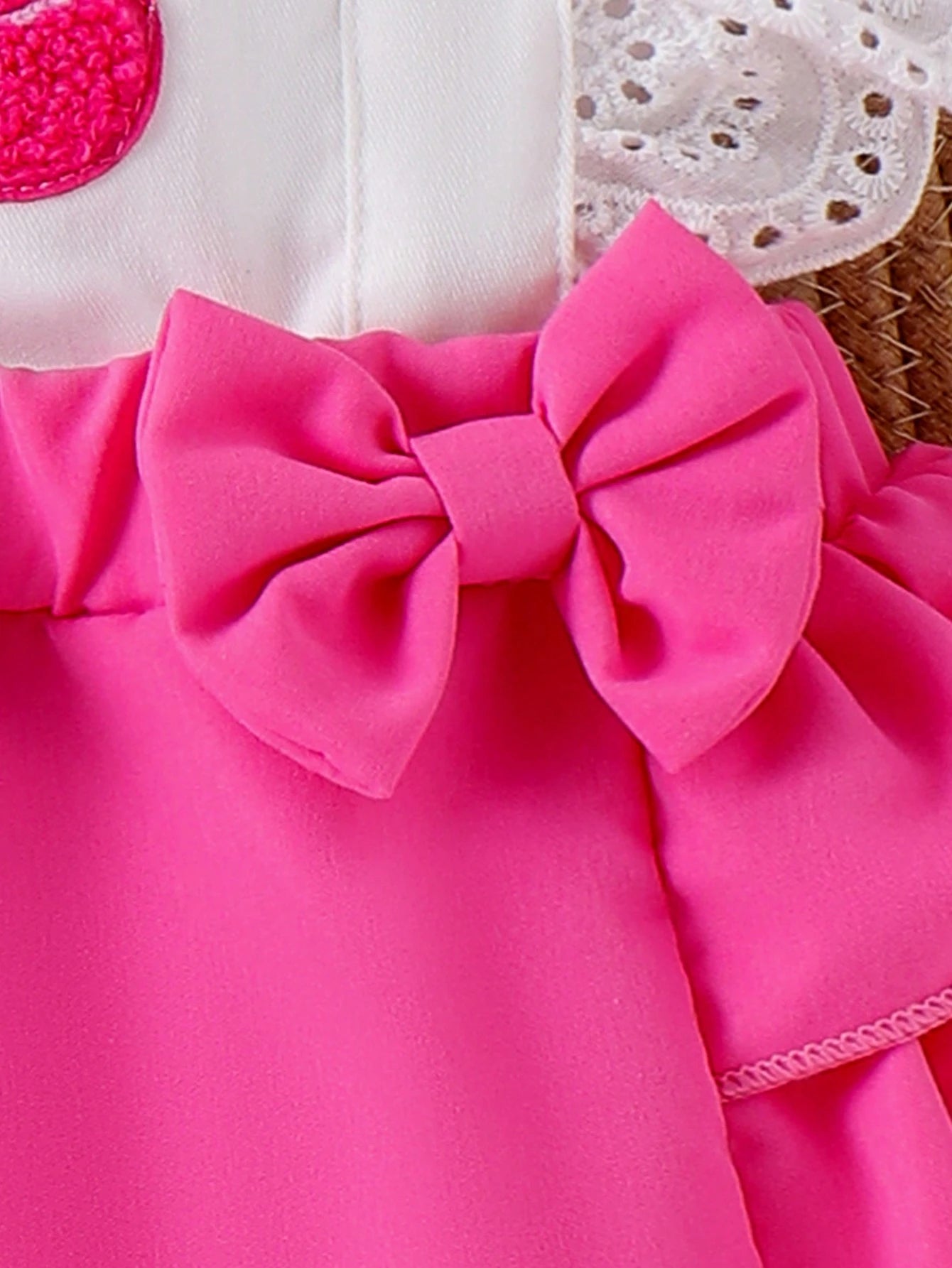 Baby Girl Cherry Embroidery Ruffle Contrast Color Patchwork Bodysuit With Headband, Summer