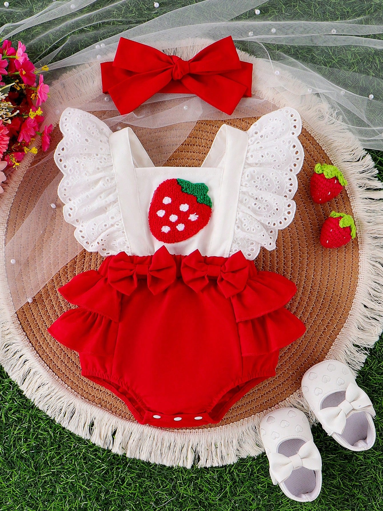 Baby Girl Cherry Embroidery Ruffle Contrast Color Patchwork Bodysuit With Headband, Summer