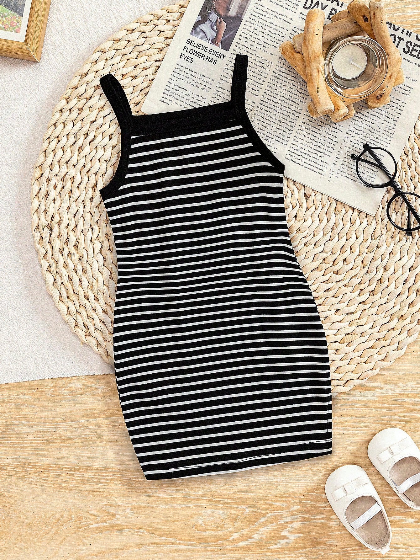 Baby Girl Cute And Simple Striped Knit Color Block Mid-Length Camisole Dress For Summer