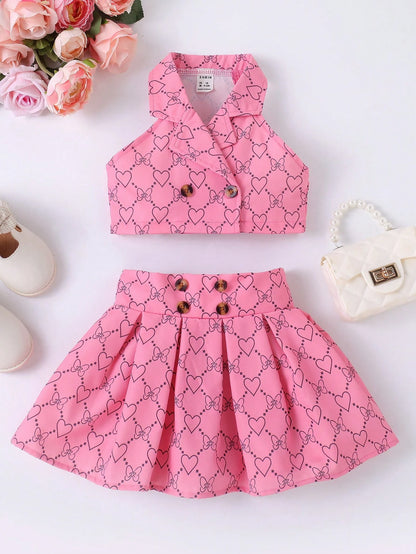 Baby Girl Heart & Bow Print Lapel Neck Top & Fold Pleated Skirt Set