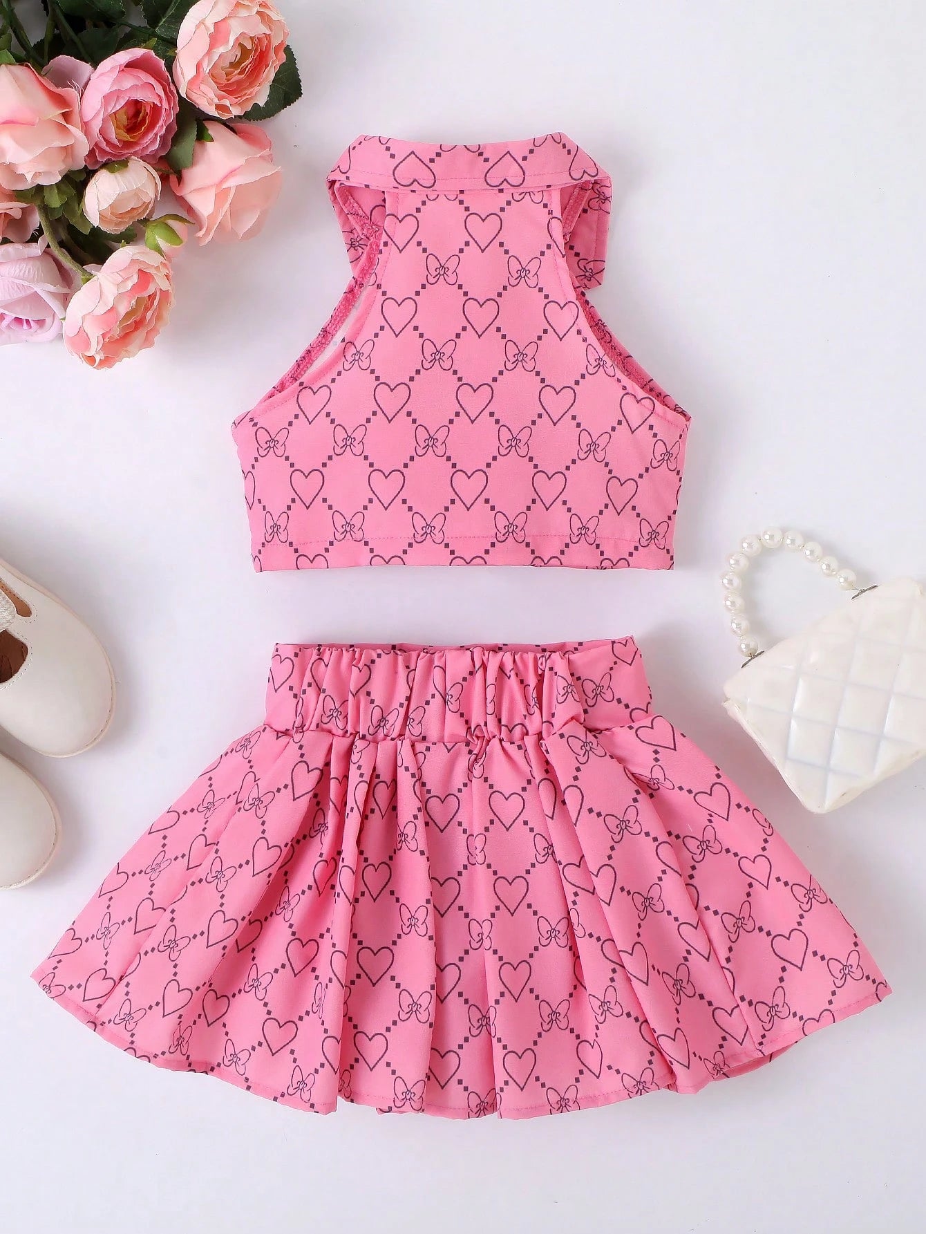 Baby Girl Heart & Bow Print Lapel Neck Top & Fold Pleated Skirt Set