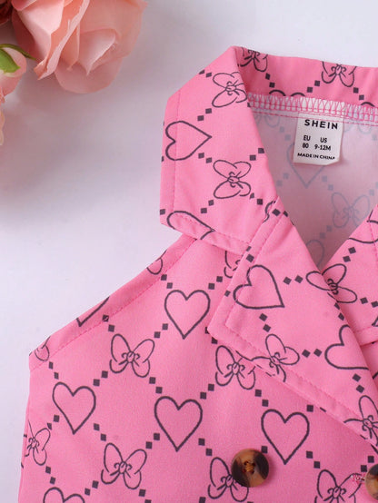 Baby Girl Heart & Bow Print Lapel Neck Top & Fold Pleated Skirt Set