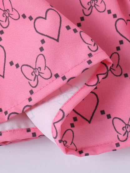 Baby Girl Heart & Bow Print Lapel Neck Top & Fold Pleated Skirt Set
