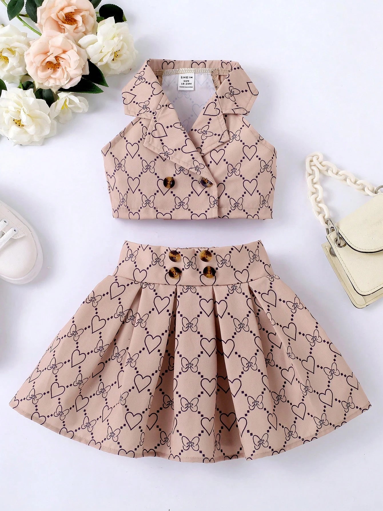Baby Girl Heart & Bow Print Lapel Neck Top & Fold Pleated Skirt Set