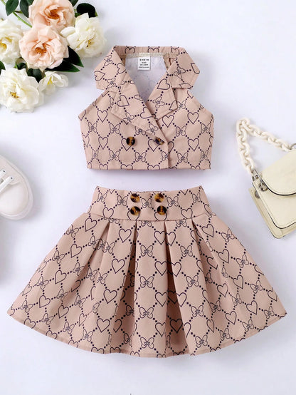 Baby Girl Heart & Bow Print Lapel Neck Top & Fold Pleated Skirt Set