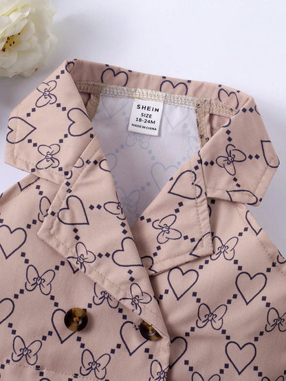 Baby Girl Heart & Bow Print Lapel Neck Top & Fold Pleated Skirt Set