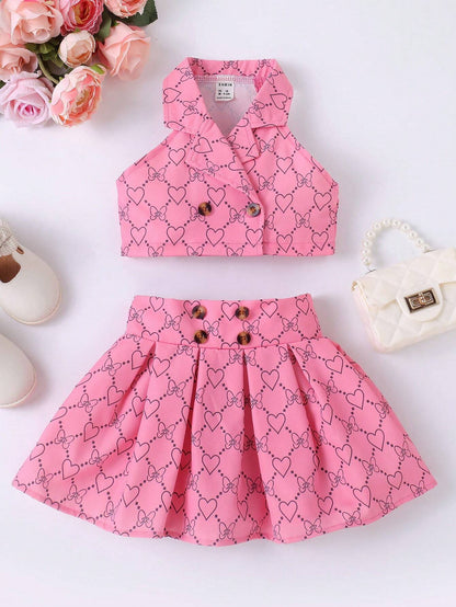 Baby Girl Heart & Bow Print Lapel Neck Top & Fold Pleated Skirt Set