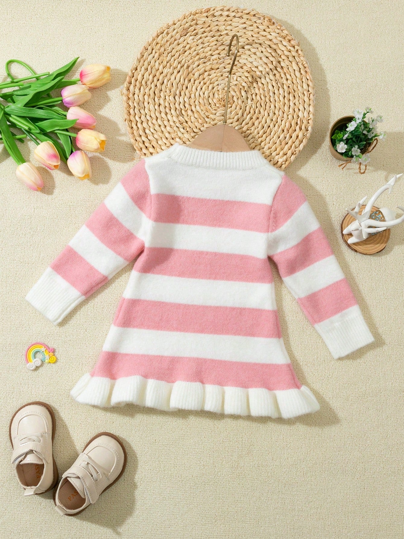 Baby Girl Long Sleeve Striped Mid-Length Mermaid Hem Sweater Dress, Pink And White Color Block, Suitable For Casual Wear, Home, Travel, And Party