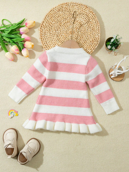 Baby Girl Long Sleeve Striped Mid-Length Mermaid Hem Sweater Dress, Pink And White Color Block, Suitable For Casual Wear, Home, Travel, And Party