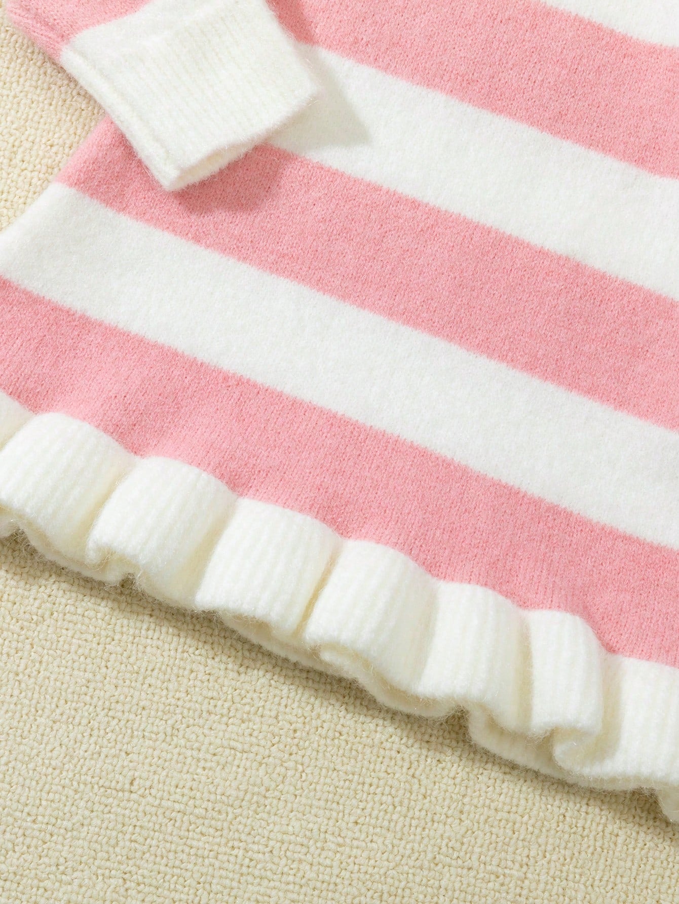 Baby Girl Long Sleeve Striped Mid-Length Mermaid Hem Sweater Dress, Pink And White Color Block, Suitable For Casual Wear, Home, Travel, And Party