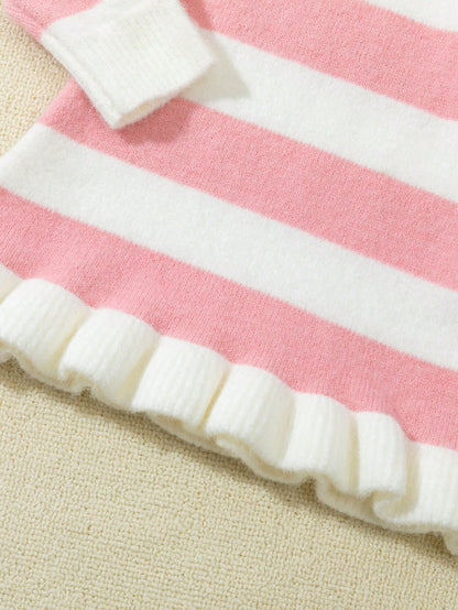 Baby Girl Long Sleeve Striped Mid-Length Mermaid Hem Sweater Dress, Pink And White Color Block, Suitable For Casual Wear, Home, Travel, And Party