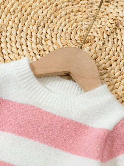 Baby Girl Long Sleeve Striped Mid-Length Mermaid Hem Sweater Dress, Pink And White Color Block, Suitable For Casual Wear, Home, Travel, And Party