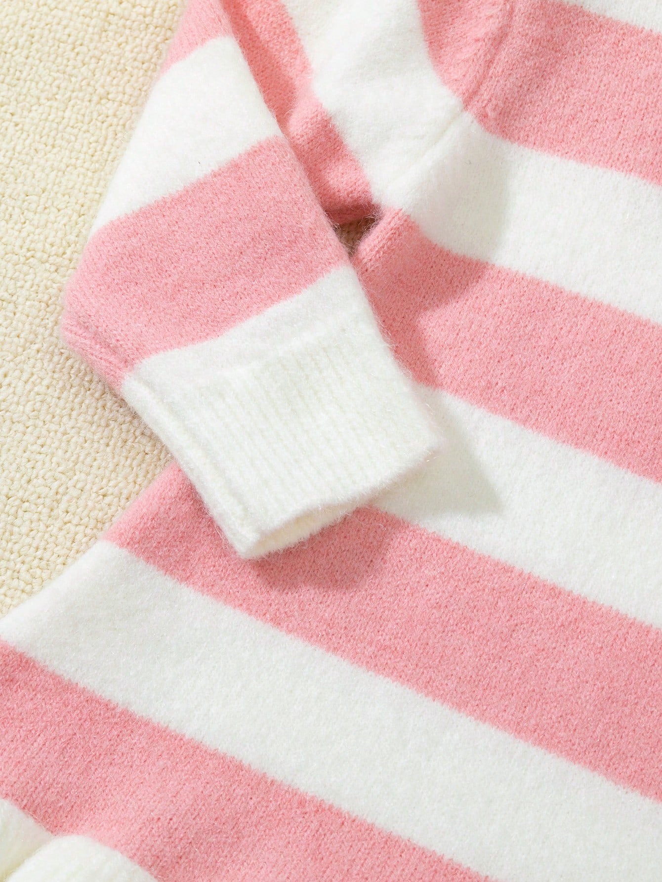 Baby Girl Long Sleeve Striped Mid-Length Mermaid Hem Sweater Dress, Pink And White Color Block, Suitable For Casual Wear, Home, Travel, And Party