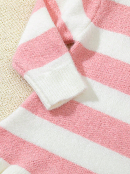Baby Girl Long Sleeve Striped Mid-Length Mermaid Hem Sweater Dress, Pink And White Color Block, Suitable For Casual Wear, Home, Travel, And Party
