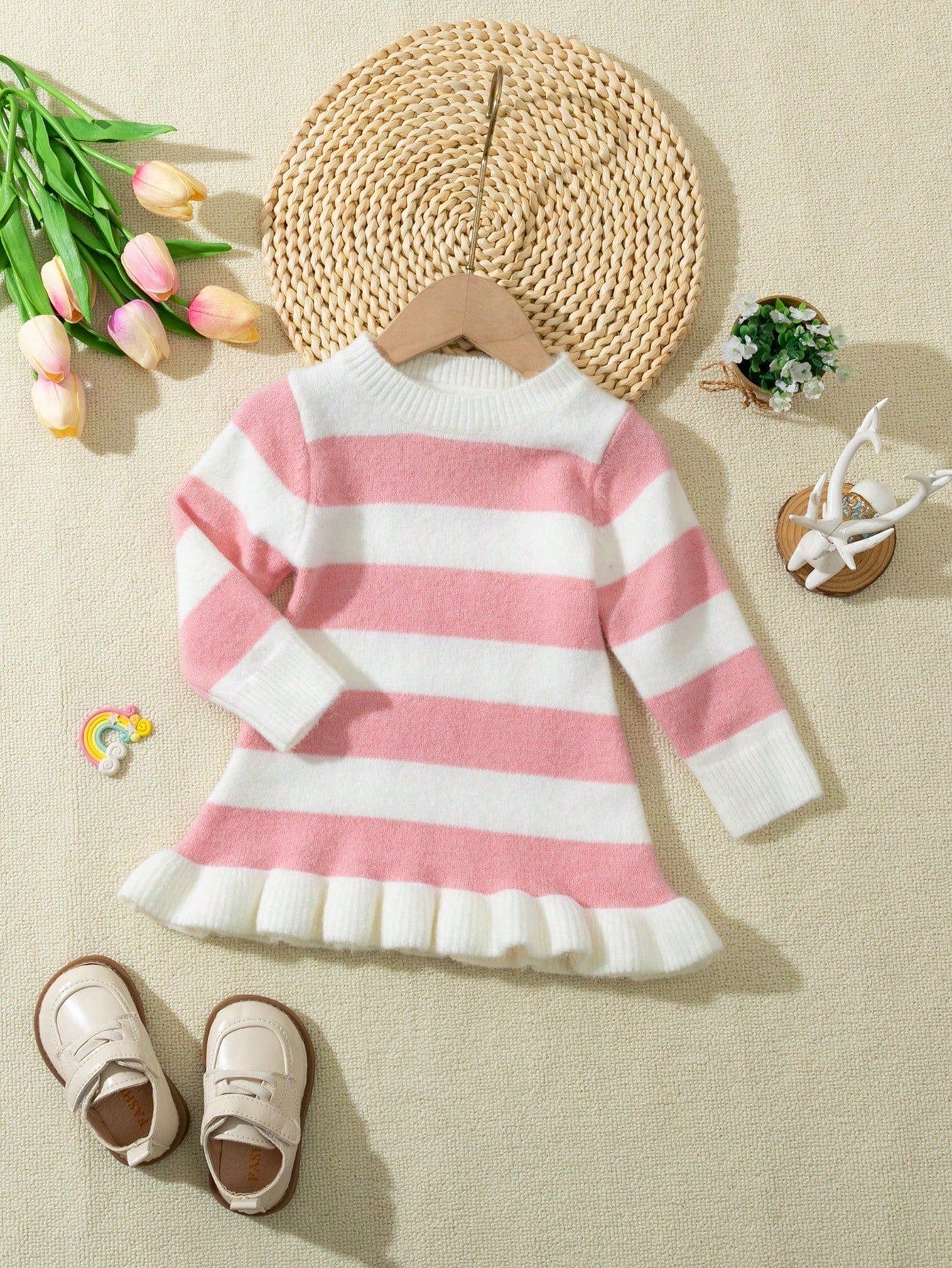 Baby Girl Long Sleeve Striped Mid-Length Mermaid Hem Sweater Dress, Pink And White Color Block, Suitable For Casual Wear, Home, Travel, And Party