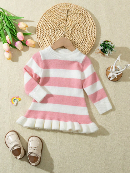 Baby Girl Long Sleeve Striped Mid-Length Mermaid Hem Sweater Dress, Pink And White Color Block, Suitable For Casual Wear, Home, Travel, And Party