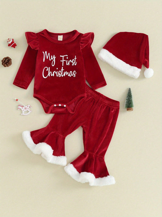 Baby Girl My 1st Christmas Outfits Letter Long Sleeve Romper Tops+Bell Bottom Pants+Headband 3 Pcs Clothes Set Toddler Baby Girl Christmas Outfits Letter Ruffle Long Sleeve Romper Flare Pants Sets New