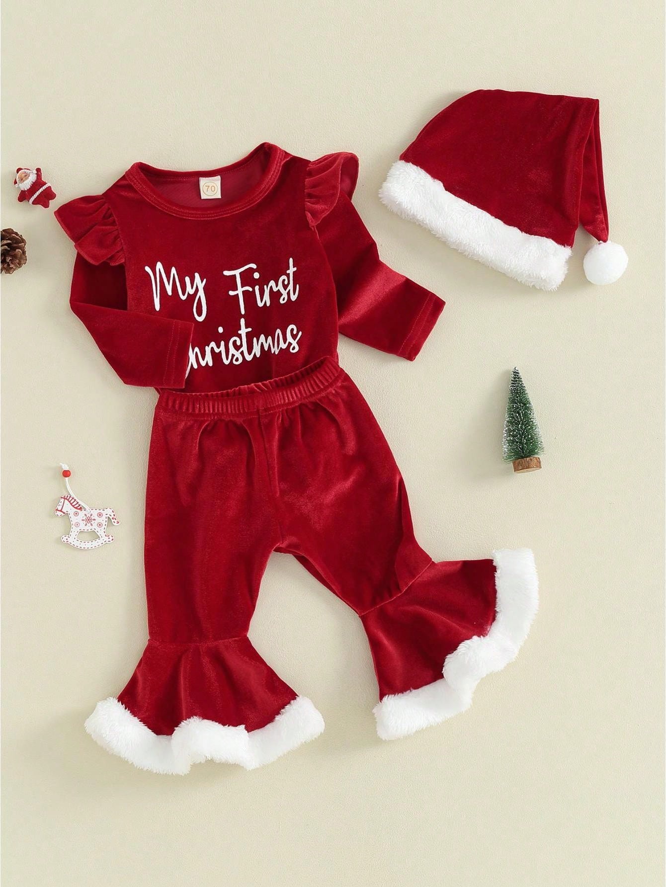 Baby Girl My 1st Christmas Outfits Letter Long Sleeve Romper Tops+Bell Bottom Pants+Headband 3 Pcs Clothes Set Toddler Baby Girl Christmas Outfits Letter Ruffle Long Sleeve Romper Flare Pants Sets New