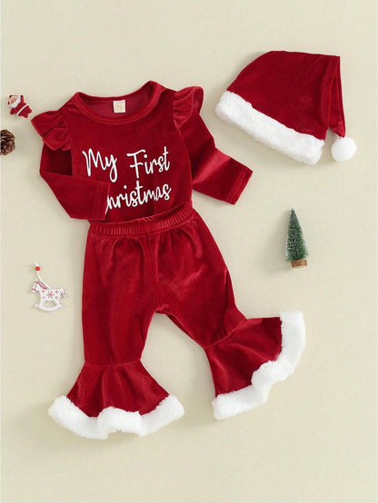 Baby Girl My 1st Christmas Outfits Letter Long Sleeve Romper Tops+Bell Bottom Pants+Headband 3 Pcs Clothes Set Toddler Baby Girl Christmas Outfits Letter Ruffle Long Sleeve Romper Flare Pants Sets New