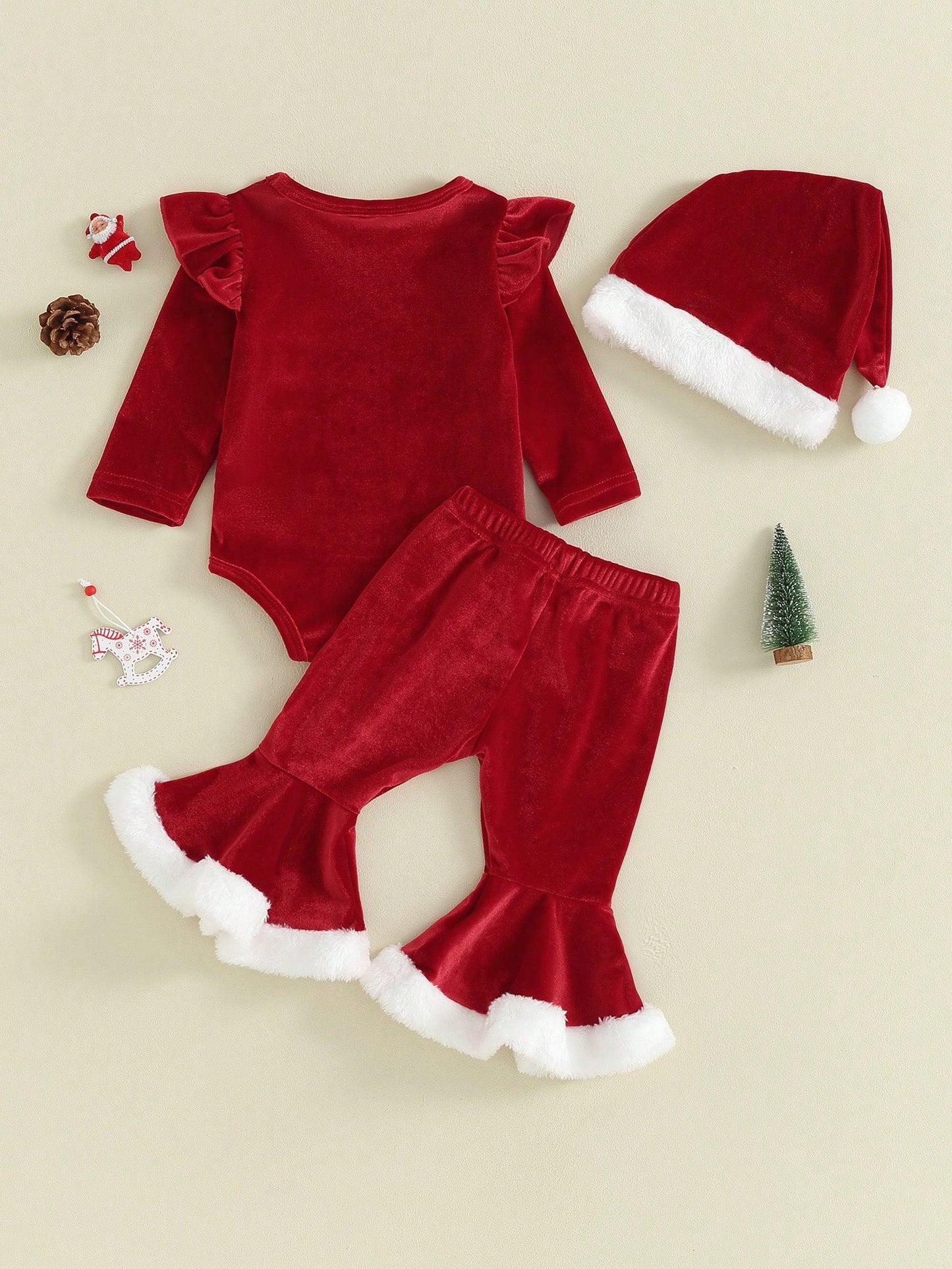 Baby Girl My 1st Christmas Outfits Letter Long Sleeve Romper Tops+Bell Bottom Pants+Headband 3 Pcs Clothes Set Toddler Baby Girl Christmas Outfits Letter Ruffle Long Sleeve Romper Flare Pants Sets New